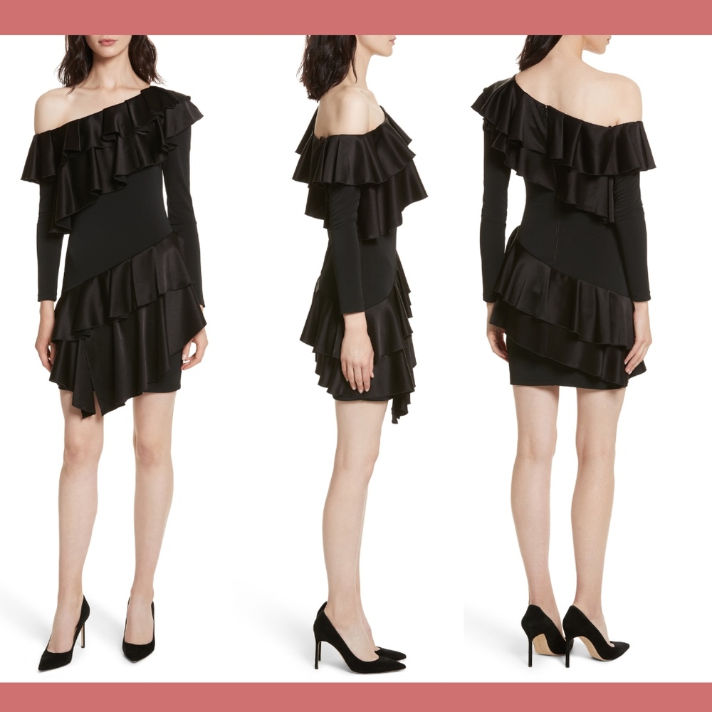 NWT $440 Alice + Olivia Izzy Ruffle‎ One Shoulder Dress in Black [SZ 4 ]
